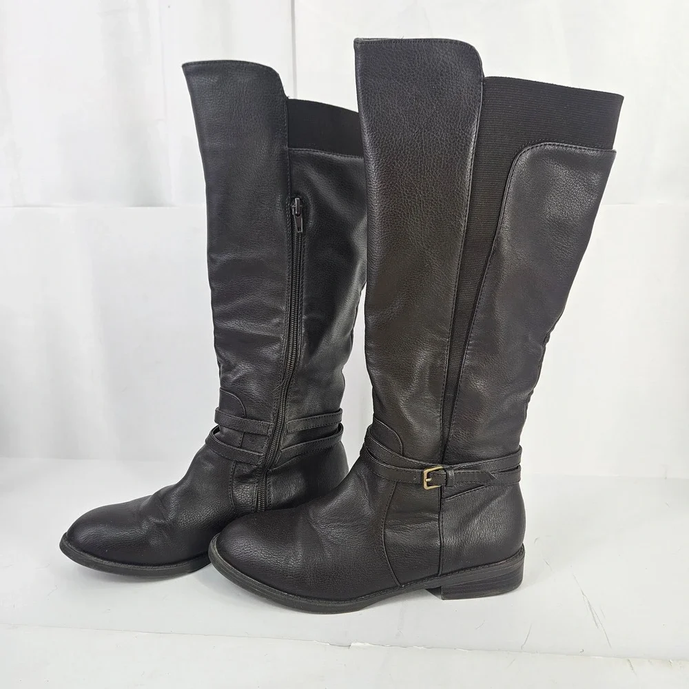 Brown Knee‎ High Tall Boots Women's Size 8 Side Zip Faux Leather Stretch Calf
